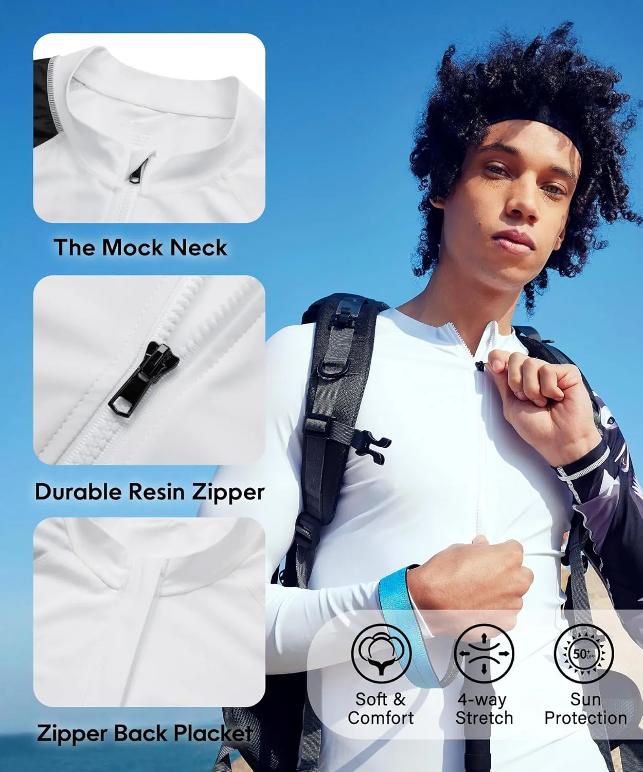 HUGE SPORTS Men's Swim Shirts Long Sleeve Zip Rash Guard UPF 50  Sun Protective Quick Drying