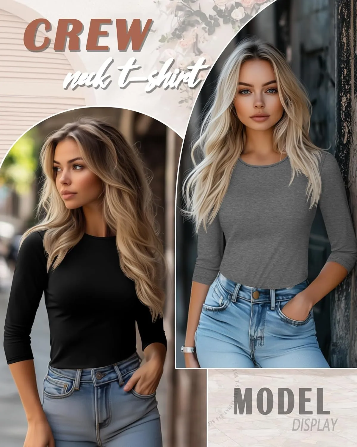 Huukeay 5 Pack Women's 3/4 Sleeve Tops Cotton Round Neck T-Shirt Slim Fit Elbow Sleeve Casual Stretchy Tunic Basic Tees Bulk