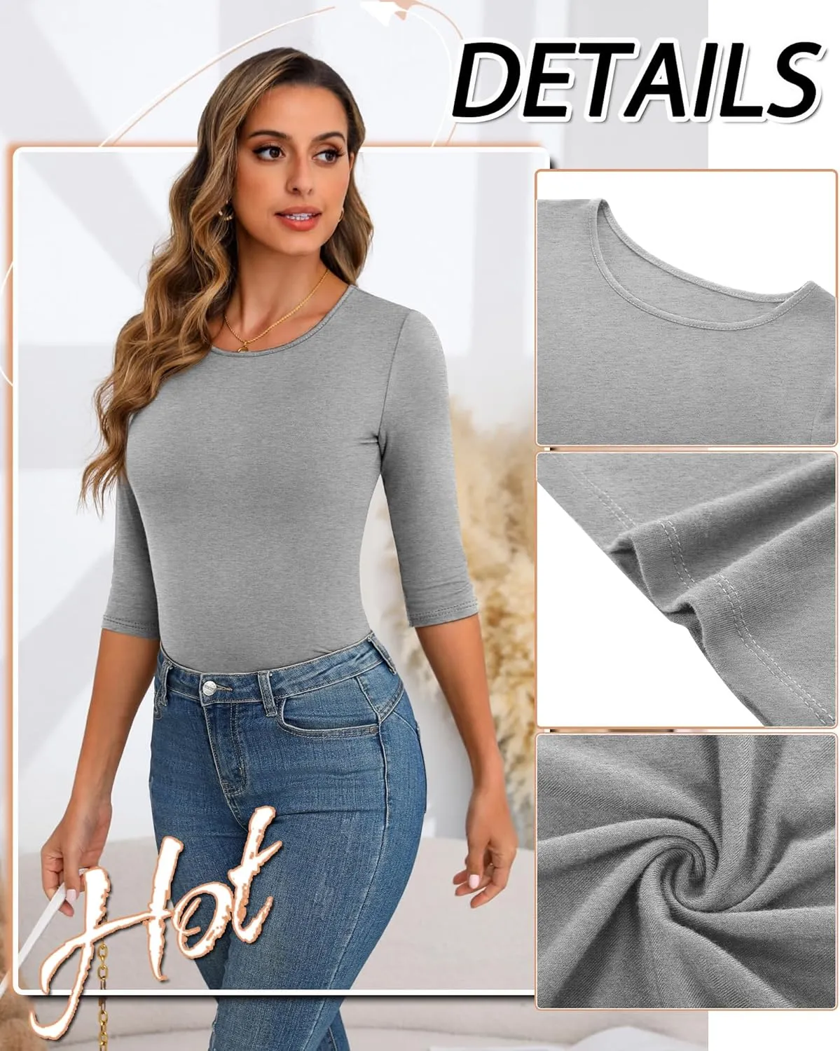 Huukeay 5 Pack Women's 3/4 Sleeve Tops Cotton Round Neck T-Shirt Slim Fit Elbow Sleeve Casual Stretchy Tunic Basic Tees Bulk