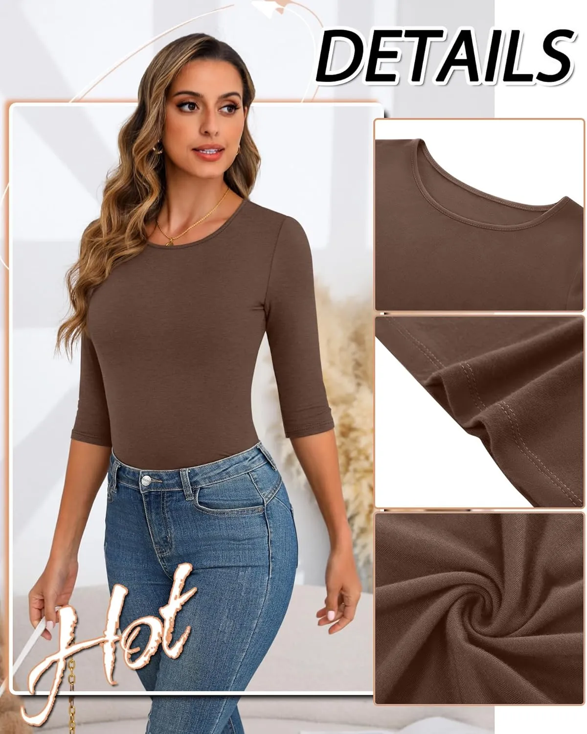 Huukeay 5 Pack Women's 3/4 Sleeve Tops Cotton Round Neck T-Shirt Slim Fit Elbow Sleeve Casual Stretchy Tunic Basic Tees Bulk