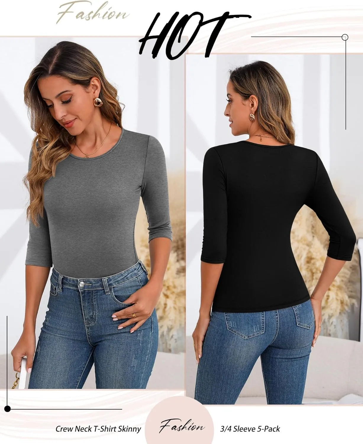 Huukeay 5 Pack Women's 3/4 Sleeve Tops Cotton Round Neck T-Shirt Slim Fit Elbow Sleeve Casual Stretchy Tunic Basic Tees Bulk