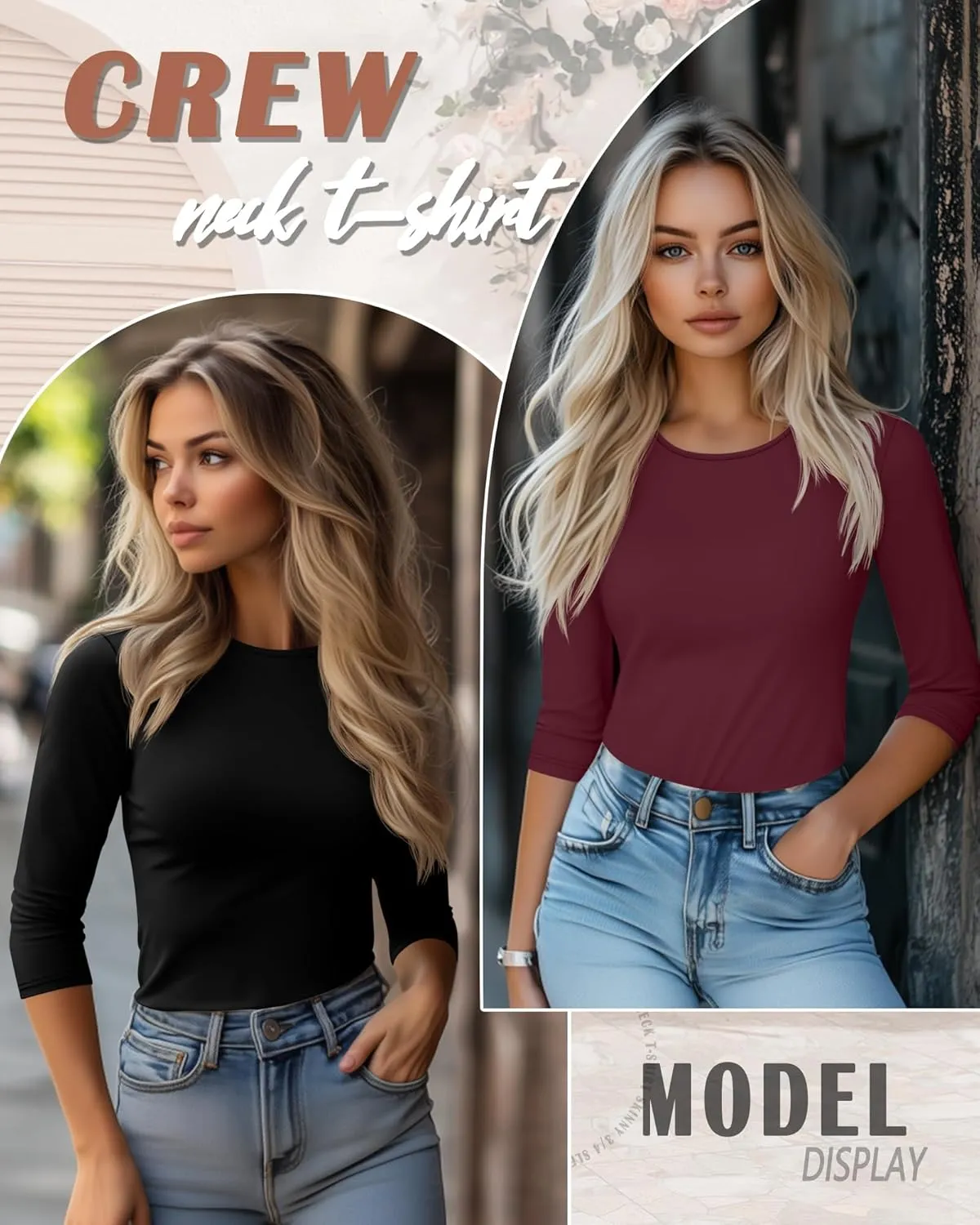 Huukeay 5 Pack Women's 3/4 Sleeve Tops Cotton Round Neck T-Shirt Slim Fit Elbow Sleeve Casual Stretchy Tunic Basic Tees Bulk