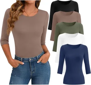 Huukeay 5 Pack Women's 3/4 Sleeve Tops Cotton Round Neck T-Shirt Slim Fit Elbow Sleeve Casual Stretchy Tunic Basic Tees Bulk