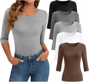 Huukeay 5 Pack Women's 3/4 Sleeve Tops Cotton Round Neck T-Shirt Slim Fit Elbow Sleeve Casual Stretchy Tunic Basic Tees Bulk