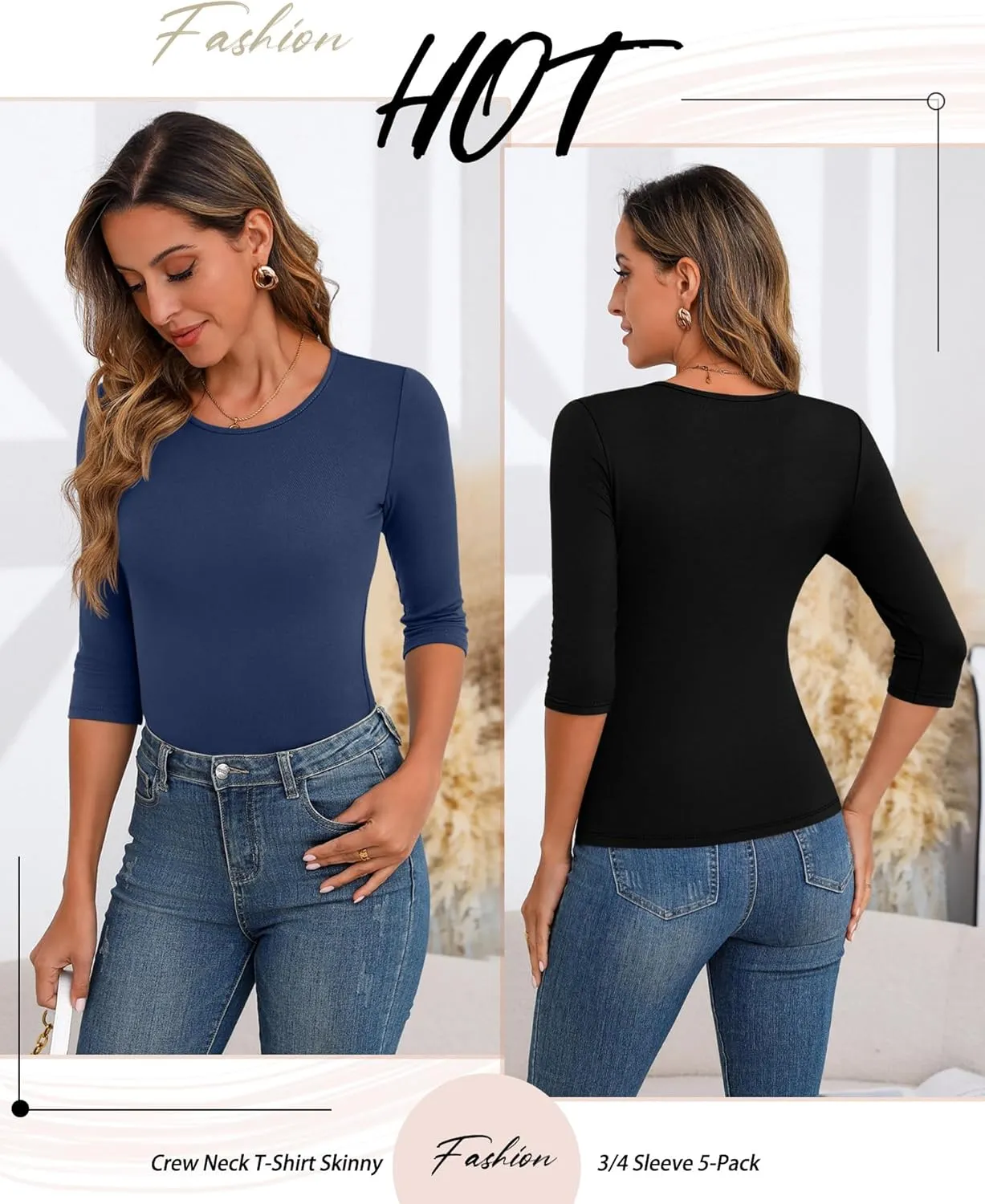 Huukeay 5 Pack Women's 3/4 Sleeve Tops Cotton Round Neck T-Shirt Slim Fit Elbow Sleeve Casual Stretchy Tunic Basic Tees Bulk