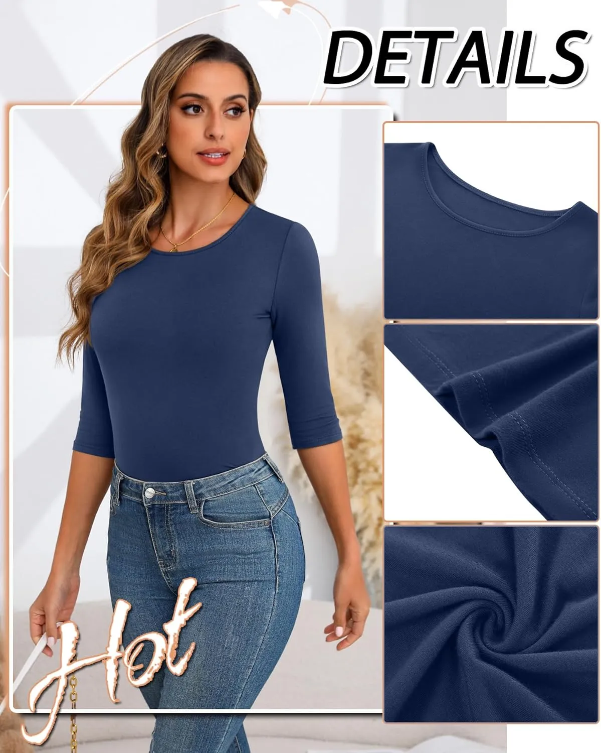 Huukeay 5 Pack Women's 3/4 Sleeve Tops Cotton Round Neck T-Shirt Slim Fit Elbow Sleeve Casual Stretchy Tunic Basic Tees Bulk