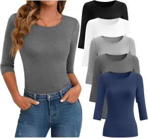 Huukeay 5 Pack Women's 3/4 Sleeve Tops Cotton Round Neck T-Shirt Slim Fit Elbow Sleeve Casual Stretchy Tunic Basic Tees Bulk