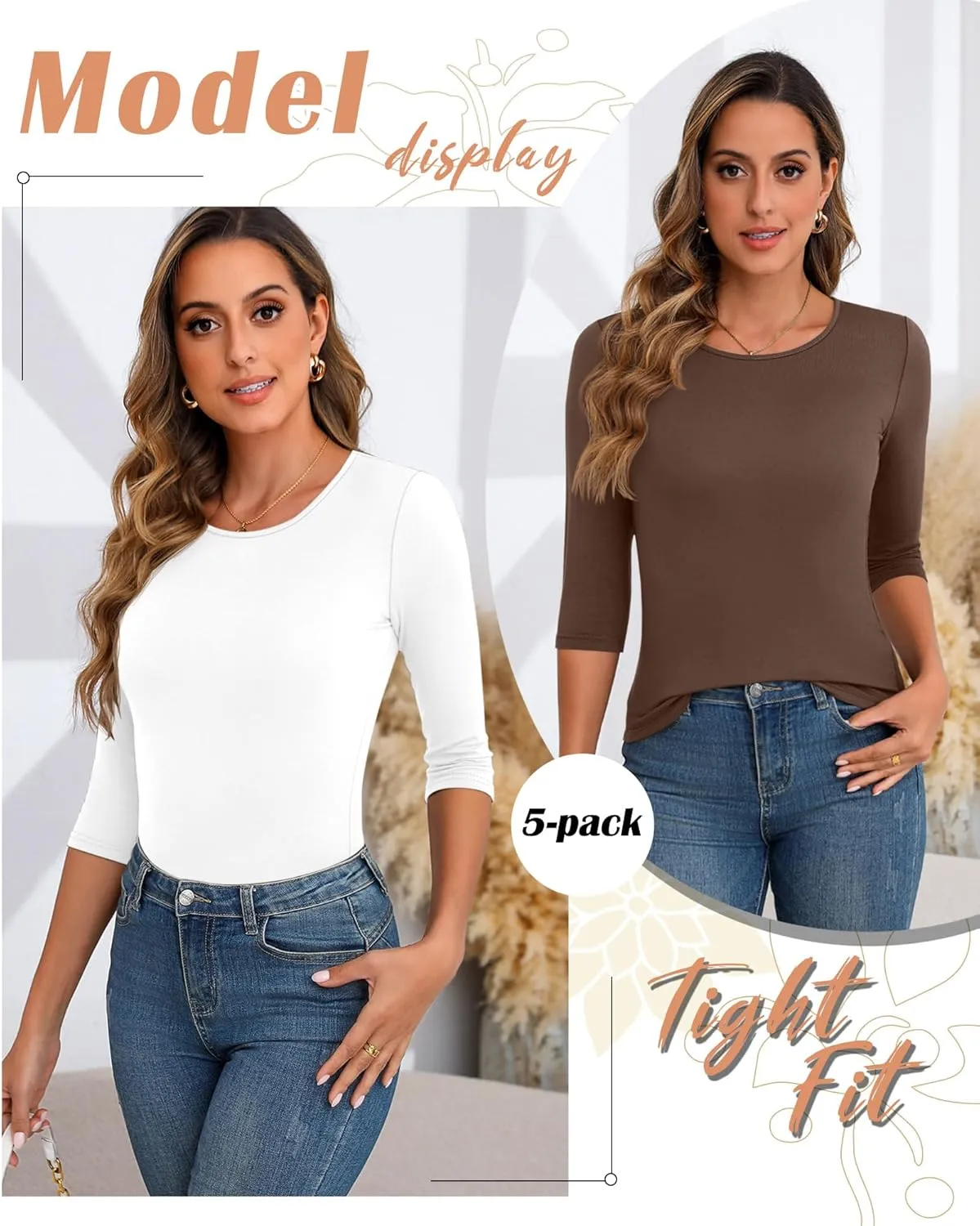 Huukeay 5 Pack Women's 3/4 Sleeve Tops Cotton Round Neck T-Shirt Slim Fit Elbow Sleeve Casual Stretchy Tunic Basic Tees Bulk