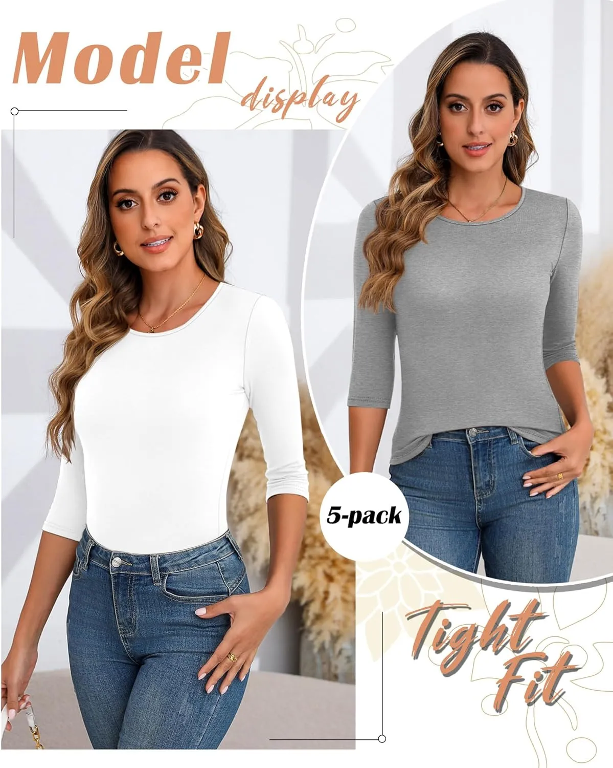 Huukeay 5 Pack Women's 3/4 Sleeve Tops Cotton Round Neck T-Shirt Slim Fit Elbow Sleeve Casual Stretchy Tunic Basic Tees Bulk