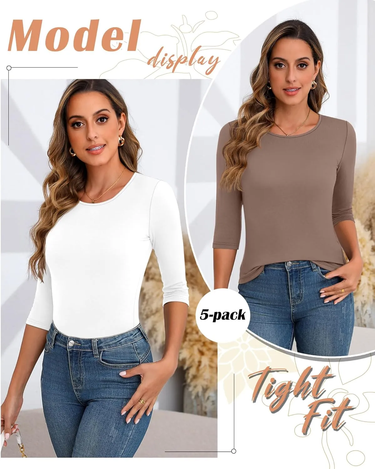 Huukeay 5 Pack Women's 3/4 Sleeve Tops Cotton Round Neck T-Shirt Slim Fit Elbow Sleeve Casual Stretchy Tunic Basic Tees Bulk