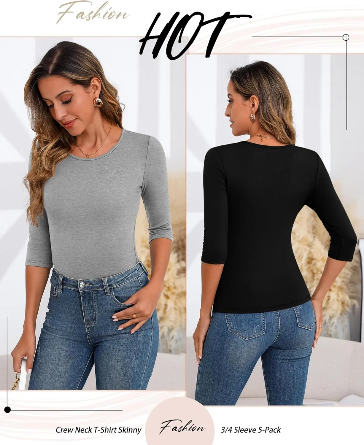 Huukeay 5 Pack Women's 3/4 Sleeve Tops Cotton Round Neck T-Shirt Slim Fit Elbow Sleeve Casual Stretchy Tunic Basic Tees Bulk
