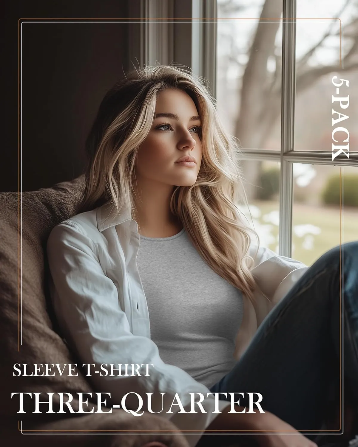 Huukeay 5 Pack Women's 3/4 Sleeve Tops Cotton Round Neck T-Shirt Slim Fit Elbow Sleeve Casual Stretchy Tunic Basic Tees Bulk