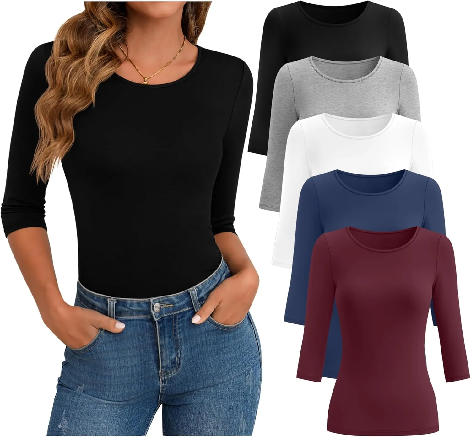 Huukeay 5 Pack Women's 3/4 Sleeve Tops Cotton Round Neck T-Shirt Slim Fit Elbow Sleeve Casual Stretchy Tunic Basic Tees Bulk