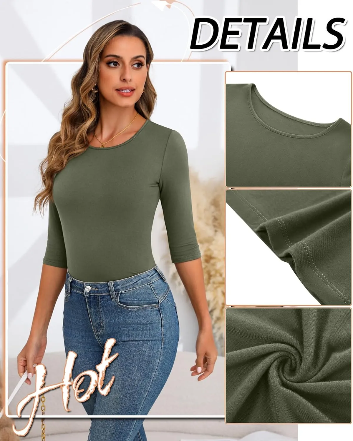 Huukeay 5 Pack Women's 3/4 Sleeve Tops Cotton Round Neck T-Shirt Slim Fit Elbow Sleeve Casual Stretchy Tunic Basic Tees Bulk