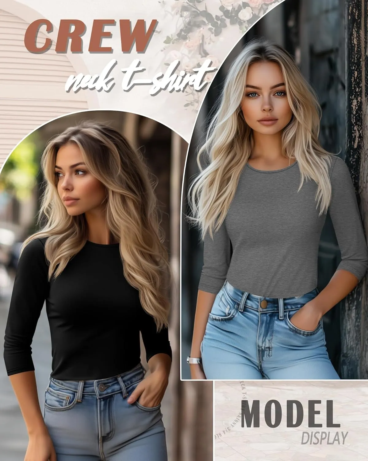 Huukeay 5 Pack Women's 3/4 Sleeve Tops Cotton Round Neck T-Shirt Slim Fit Elbow Sleeve Casual Stretchy Tunic Basic Tees Bulk