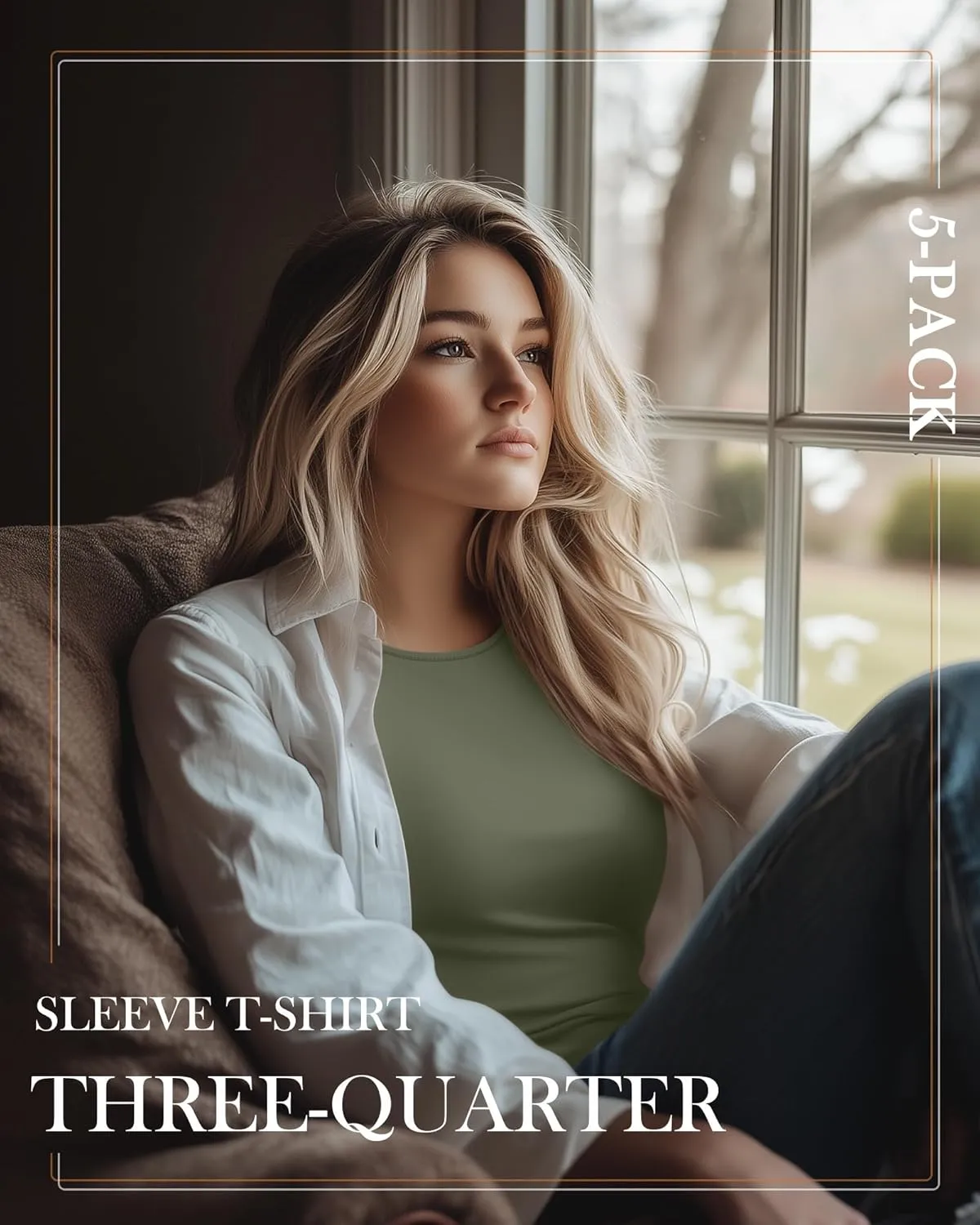 Huukeay 5 Pack Women's 3/4 Sleeve Tops Cotton Round Neck T-Shirt Slim Fit Elbow Sleeve Casual Stretchy Tunic Basic Tees Bulk