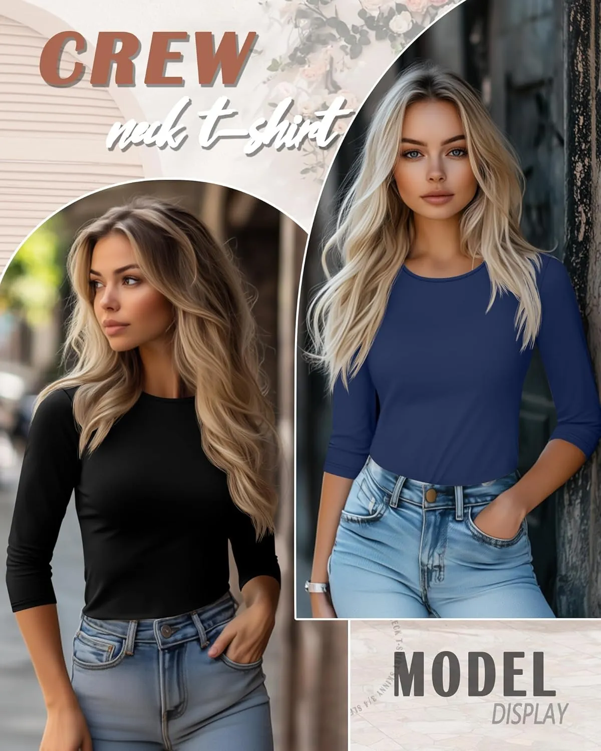 Huukeay 5 Pack Women's 3/4 Sleeve Tops Cotton Round Neck T-Shirt Slim Fit Elbow Sleeve Casual Stretchy Tunic Basic Tees Bulk