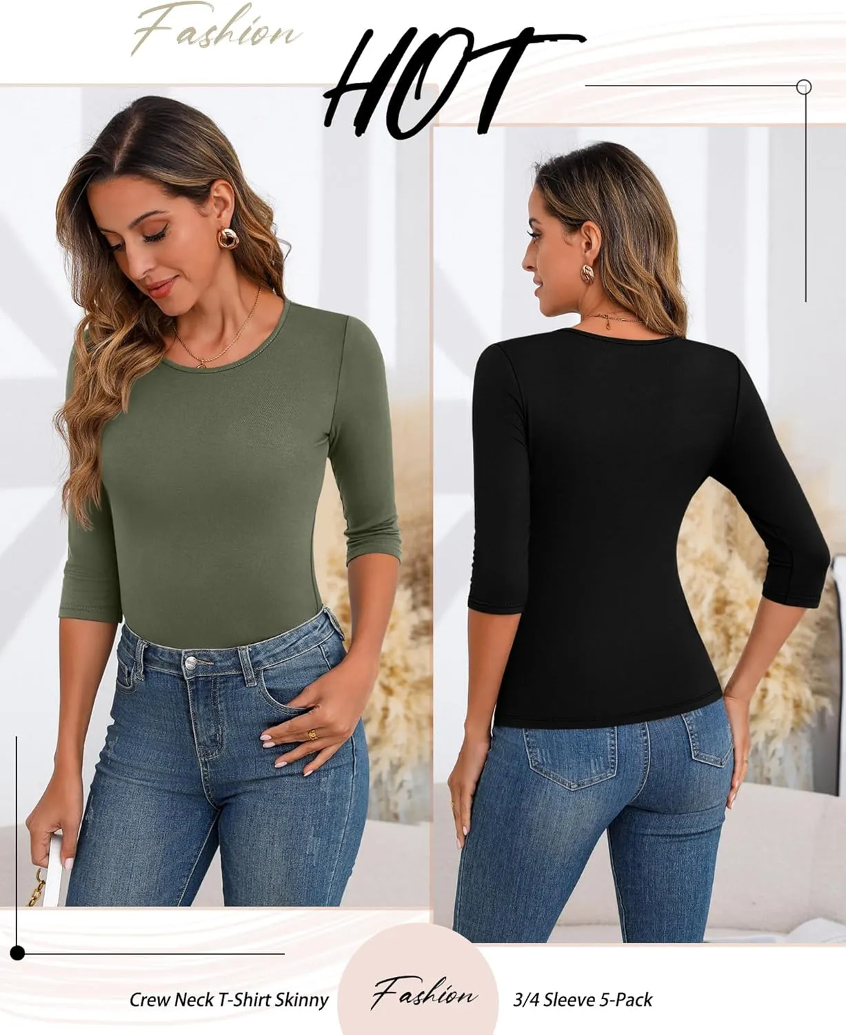 Huukeay 5 Pack Women's 3/4 Sleeve Tops Cotton Round Neck T-Shirt Slim Fit Elbow Sleeve Casual Stretchy Tunic Basic Tees Bulk