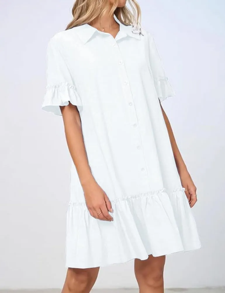 IDEALSANXUN Womens Linen Shirt Dress Spring Summer Trendy Ruffle Short Sleeve Button Down Shirts Mini Dress