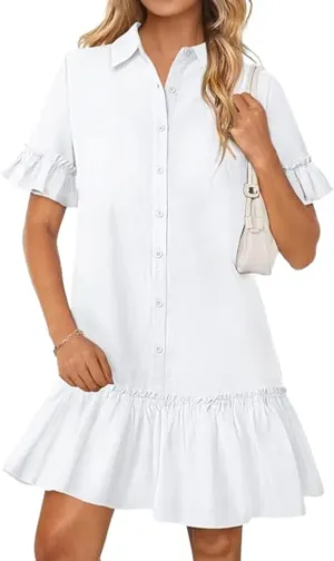 IDEALSANXUN Womens Linen Shirt Dress Spring Summer Trendy Ruffle Short Sleeve Button Down Shirts Mini Dress