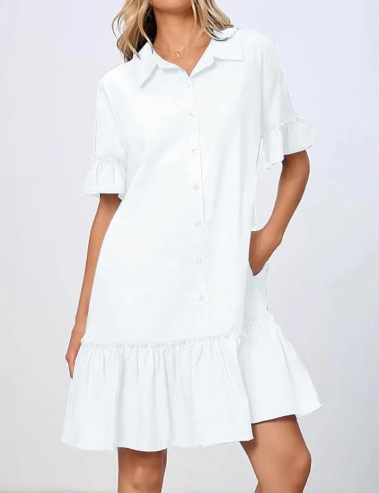 IDEALSANXUN Womens Linen Shirt Dress Spring Summer Trendy Ruffle Short Sleeve Button Down Shirts Mini Dress