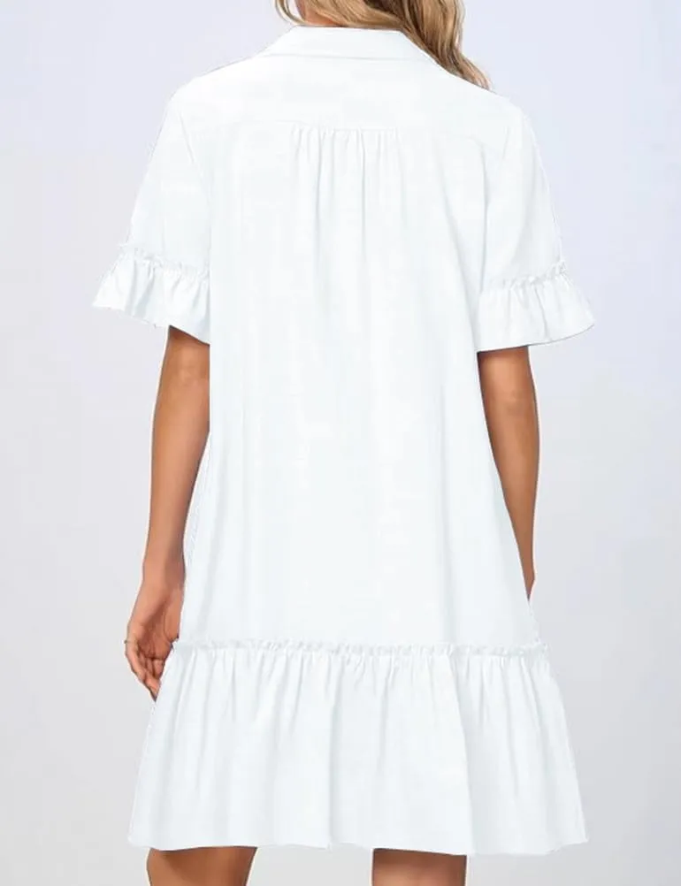 IDEALSANXUN Womens Linen Shirt Dress Spring Summer Trendy Ruffle Short Sleeve Button Down Shirts Mini Dress