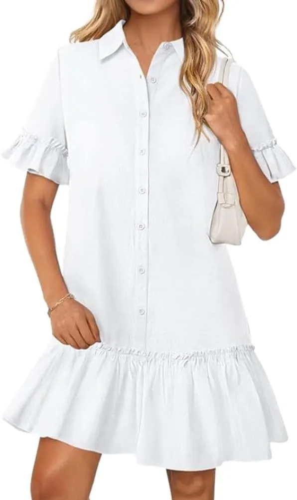 IDEALSANXUN Womens Linen Shirt Dress Spring Summer Trendy Ruffle Short Sleeve Button Down Shirts Mini Dress