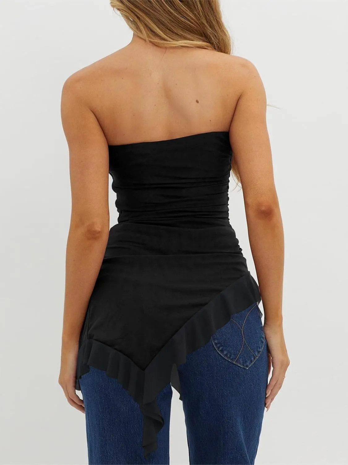 Imily Bela Womens Asymmetrical Tube Top Strapless Ruffle Hem Slim Fitted Shirts Y2K Going Out Tops