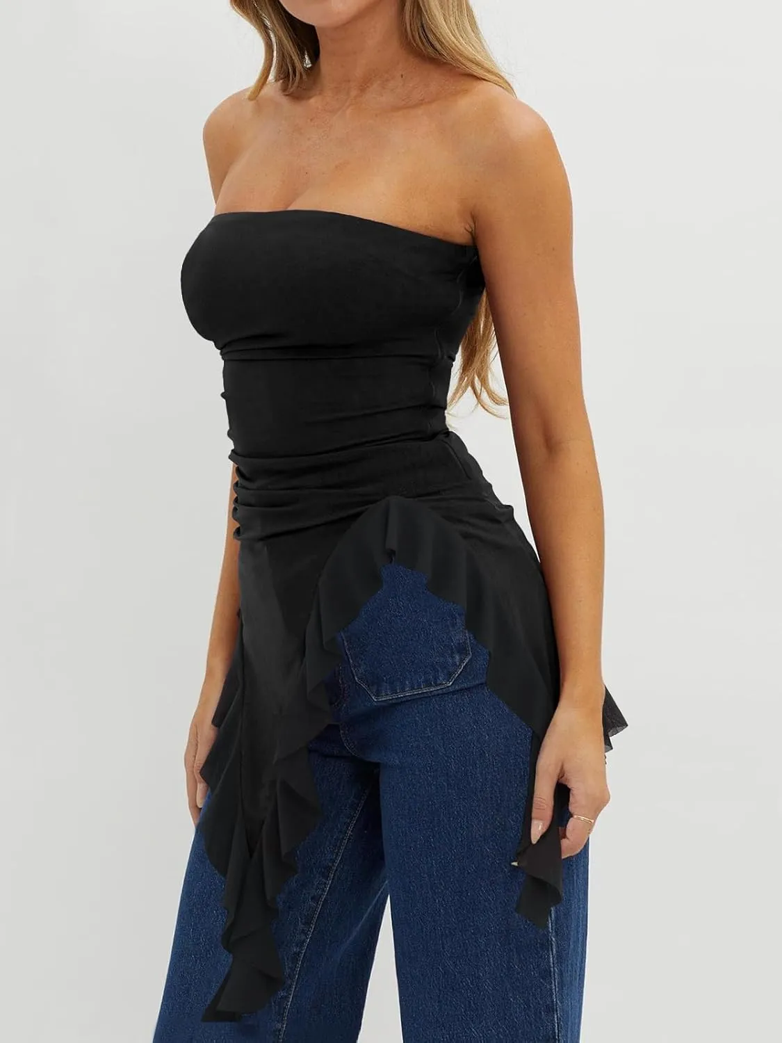 Imily Bela Womens Asymmetrical Tube Top Strapless Ruffle Hem Slim Fitted Shirts Y2K Going Out Tops