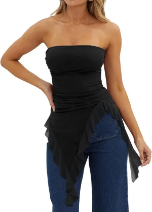Imily Bela Womens Asymmetrical Tube Top Strapless Ruffle Hem Slim Fitted Shirts Y2K Going Out Tops
