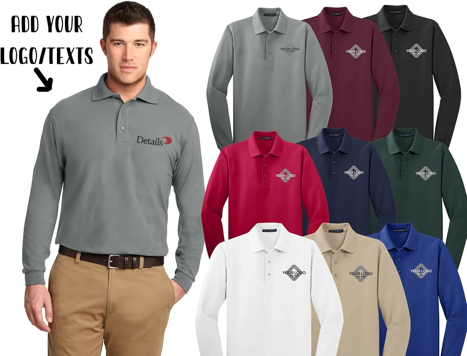 INK STITCH Men K500ls Custom Add Your Logo Texts Embroidery Silk Touch Long Sleeve Polo Shirts