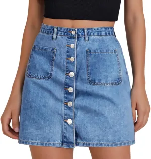 Jean Skirts for Women Denim High Waisted Trendy Stretchy Mini Button Front Short Pencil Skirt with Patch Pockets