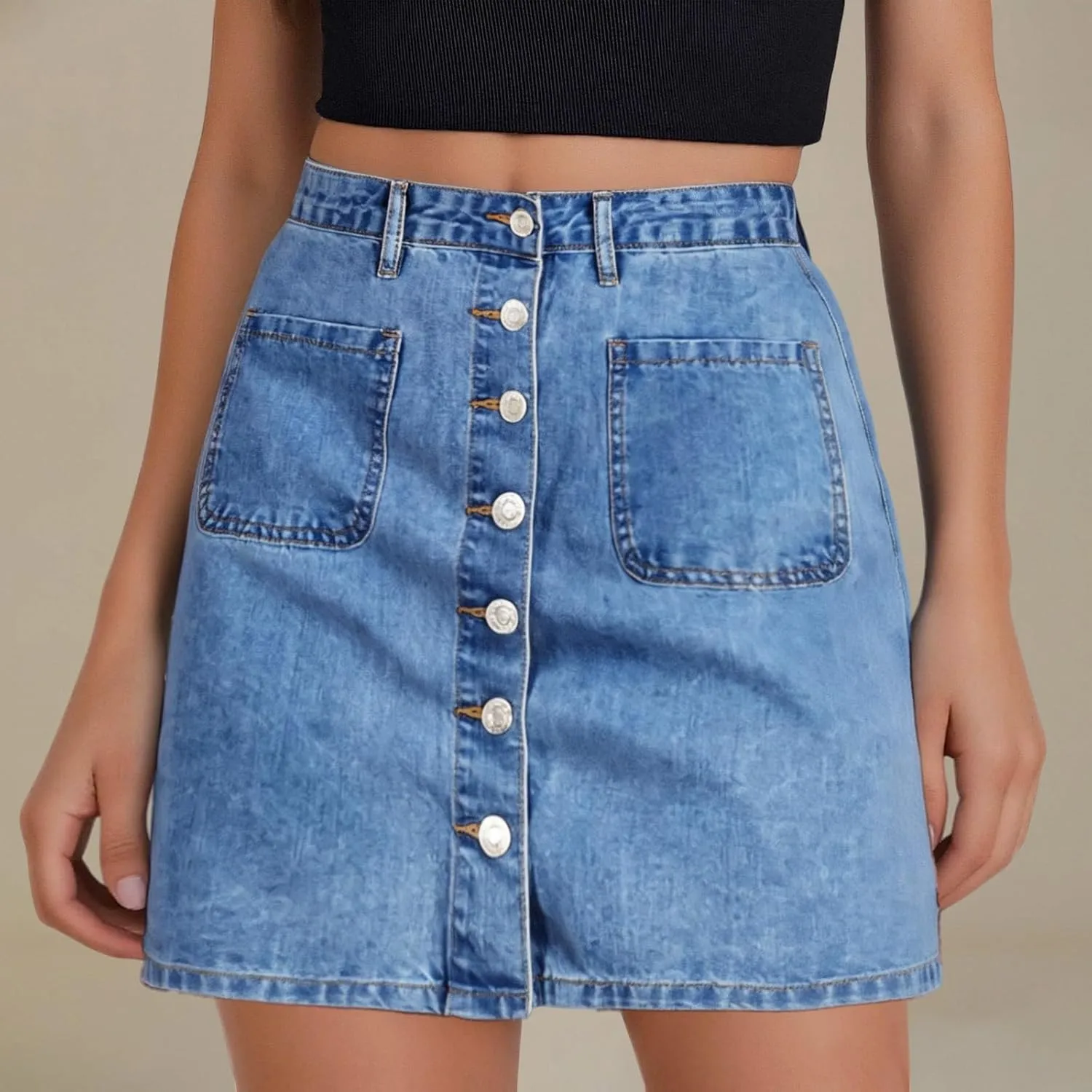 Jean Skirts for Women Denim High Waisted Trendy Stretchy Mini Button Front Short Pencil Skirt with Patch Pockets