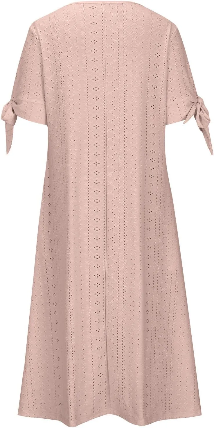 JIEMUXIU Maxi Dresses for Women 2025 Trendy Short Sleeve Eyelet Tshirt Long Dress Casual Summer Boho Beach Vacation Sundress
