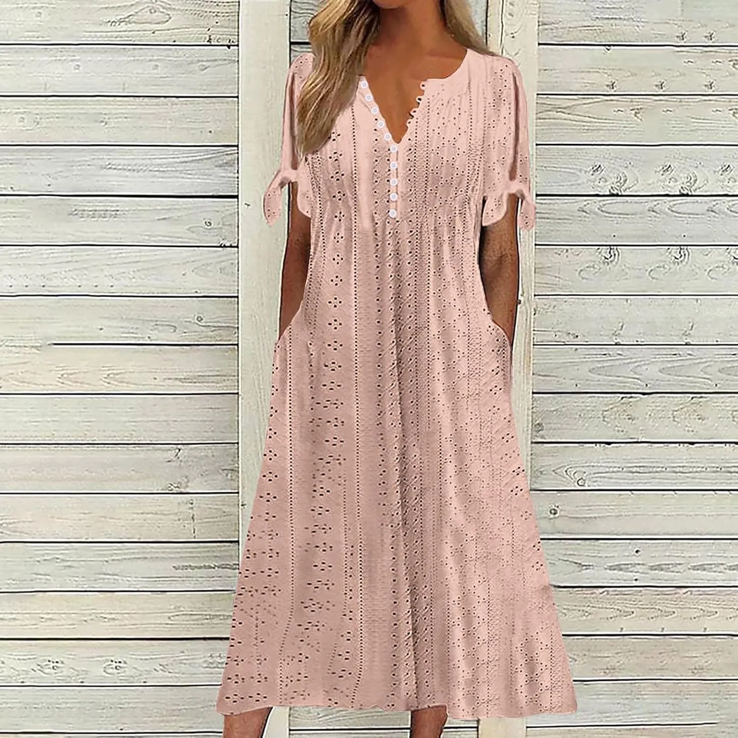JIEMUXIU Maxi Dresses for Women 2025 Trendy Short Sleeve Eyelet Tshirt Long Dress Casual Summer Boho Beach Vacation Sundress