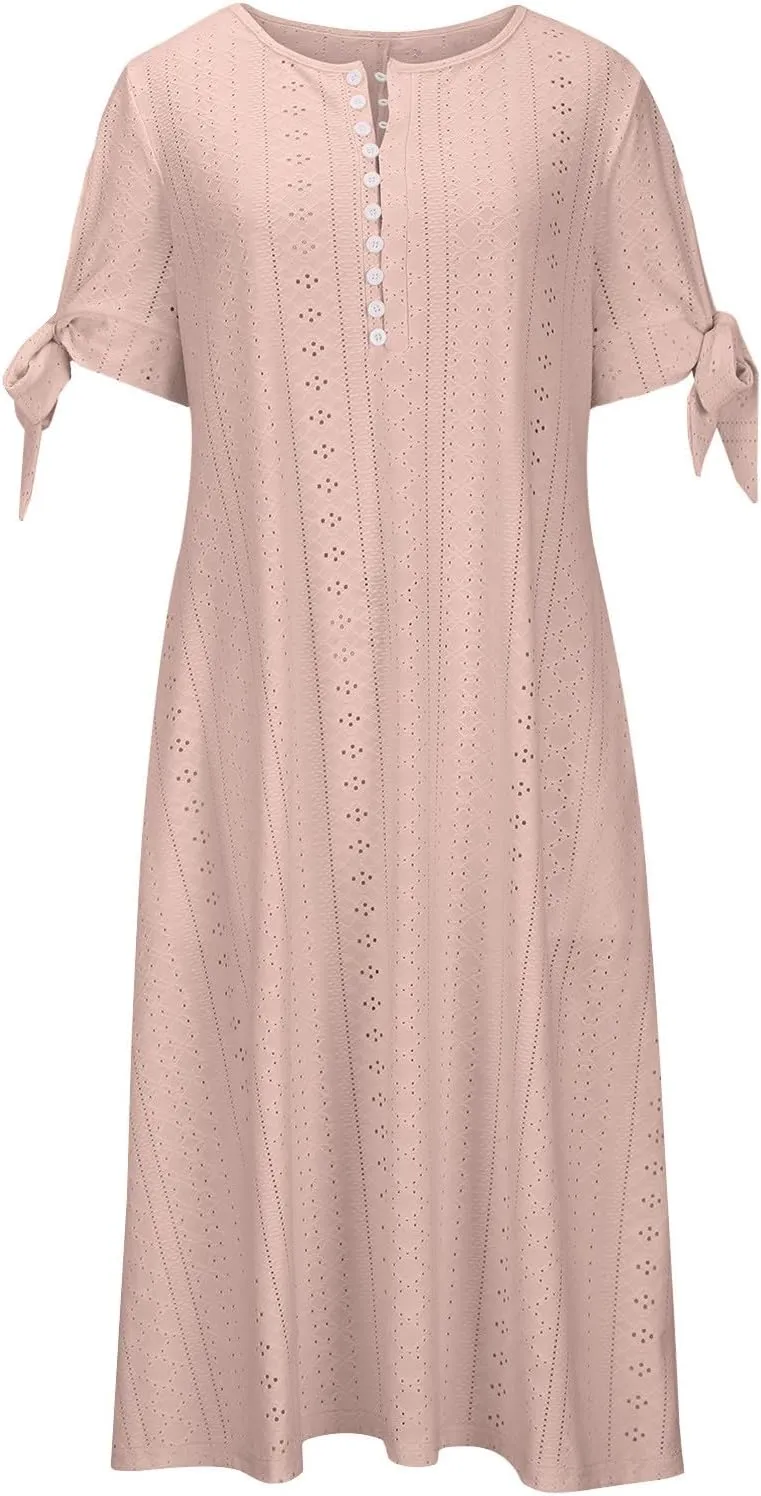 JIEMUXIU Maxi Dresses for Women 2025 Trendy Short Sleeve Eyelet Tshirt Long Dress Casual Summer Boho Beach Vacation Sundress