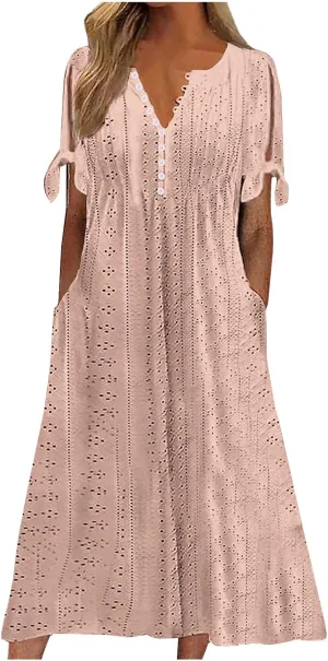 JIEMUXIU Maxi Dresses for Women 2025 Trendy Short Sleeve Eyelet Tshirt Long Dress Casual Summer Boho Beach Vacation Sundress