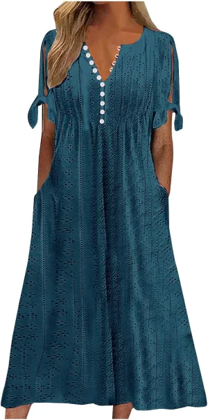 JIEMUXIU Maxi Dresses for Women 2025 Trendy Short Sleeve Eyelet Tshirt Long Dress Casual Summer Boho Beach Vacation Sundress