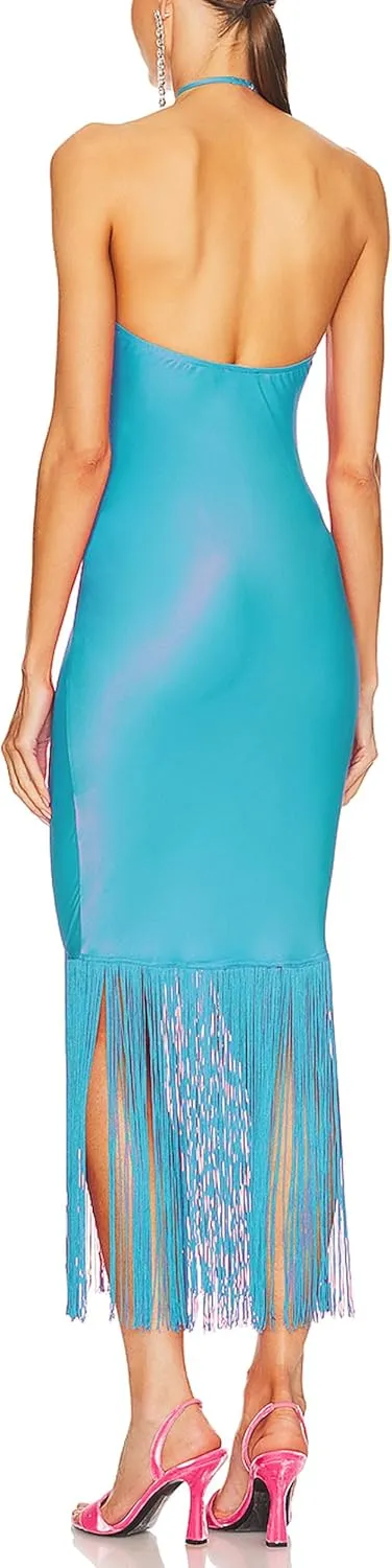 JLCNCUE Women Halter Neck Bodycon Midi Dress Fringe Hem Party Dress Sleeveless Open Back Tassels Evening Gown 262