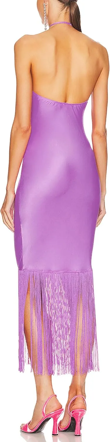 JLCNCUE Women Halter Neck Bodycon Midi Dress Fringe Hem Party Dress Sleeveless Open Back Tassels Evening Gown 262