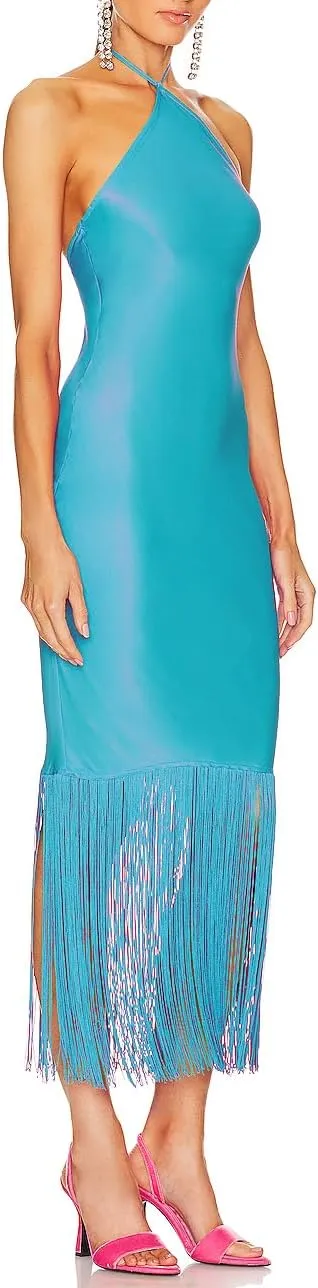JLCNCUE Women Halter Neck Bodycon Midi Dress Fringe Hem Party Dress Sleeveless Open Back Tassels Evening Gown 262