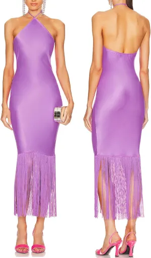 JLCNCUE Women Halter Neck Bodycon Midi Dress Fringe Hem Party Dress Sleeveless Open Back Tassels Evening Gown 262