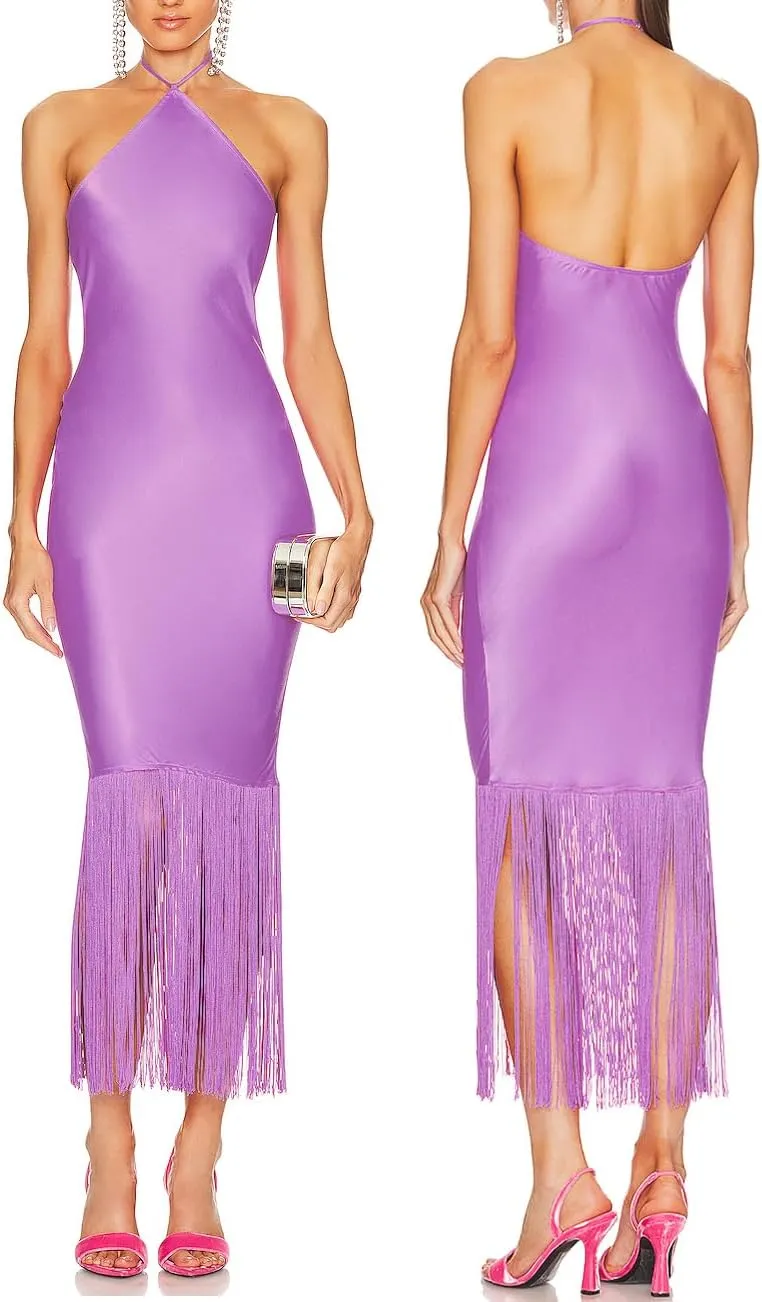 JLCNCUE Women Halter Neck Bodycon Midi Dress Fringe Hem Party Dress Sleeveless Open Back Tassels Evening Gown 262