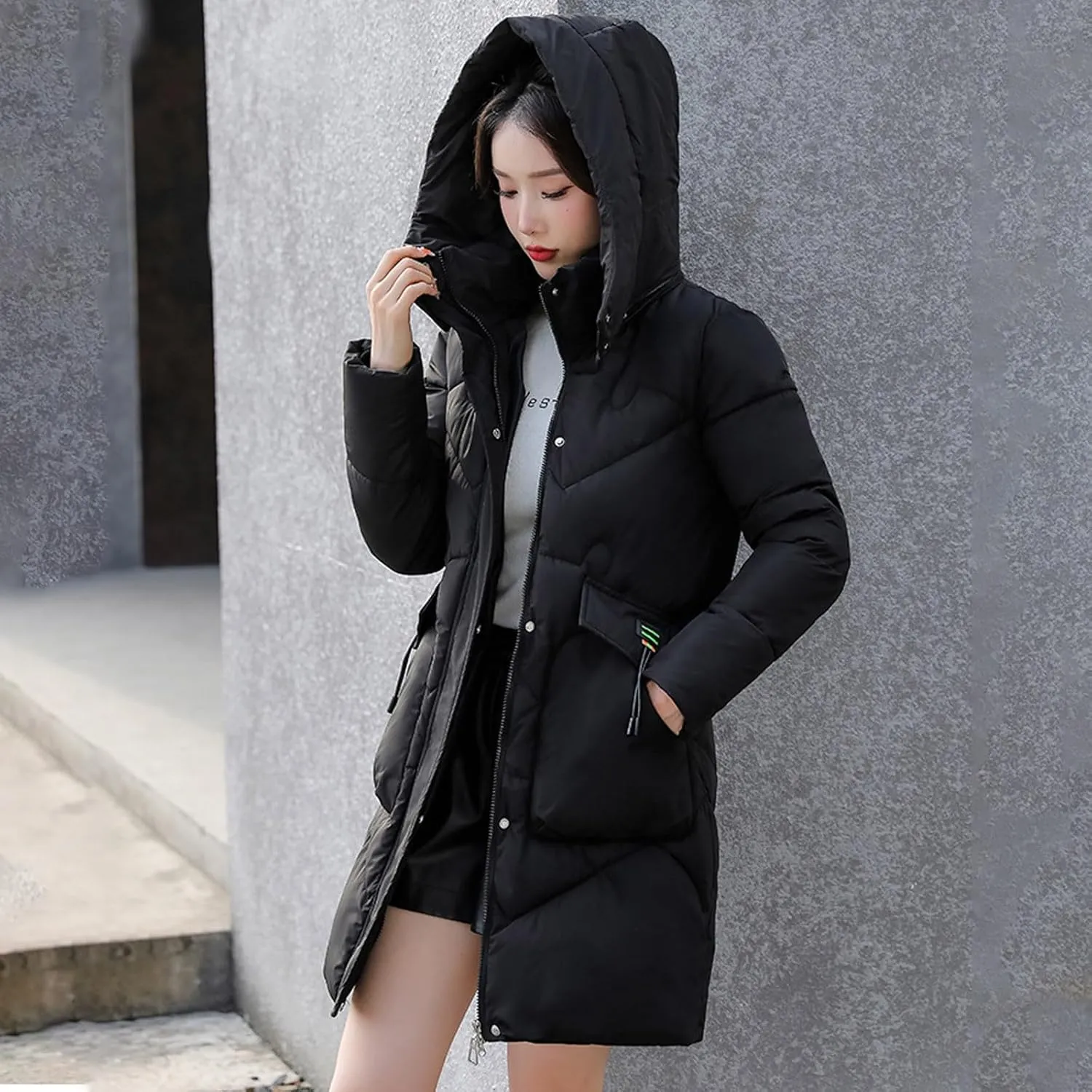 JOAU Women's Winter Down Coat Warm Stand Collar Long Cotton Padded Puffer Coat Thicken Snow Outwear with Detachable Hood