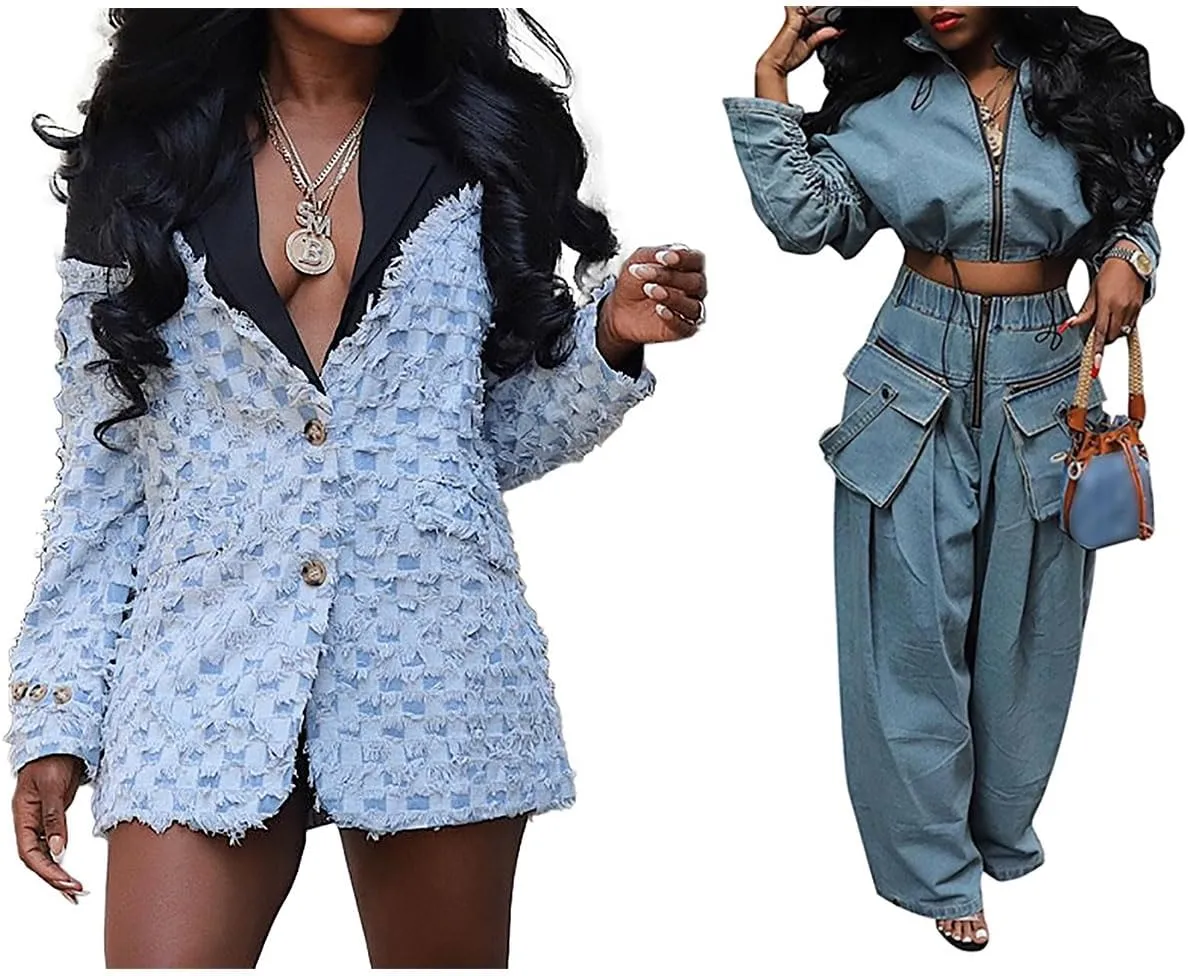 KANSOON Women Sweat Suits 2 Piece Set JeanWide Leg Pant Outfits and Womens Denim Jacket Casual Business Jean Blazer