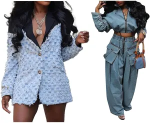 KANSOON Women Sweat Suits 2 Piece Set JeanWide Leg Pant Outfits and Womens Denim Jacket Casual Business Jean Blazer