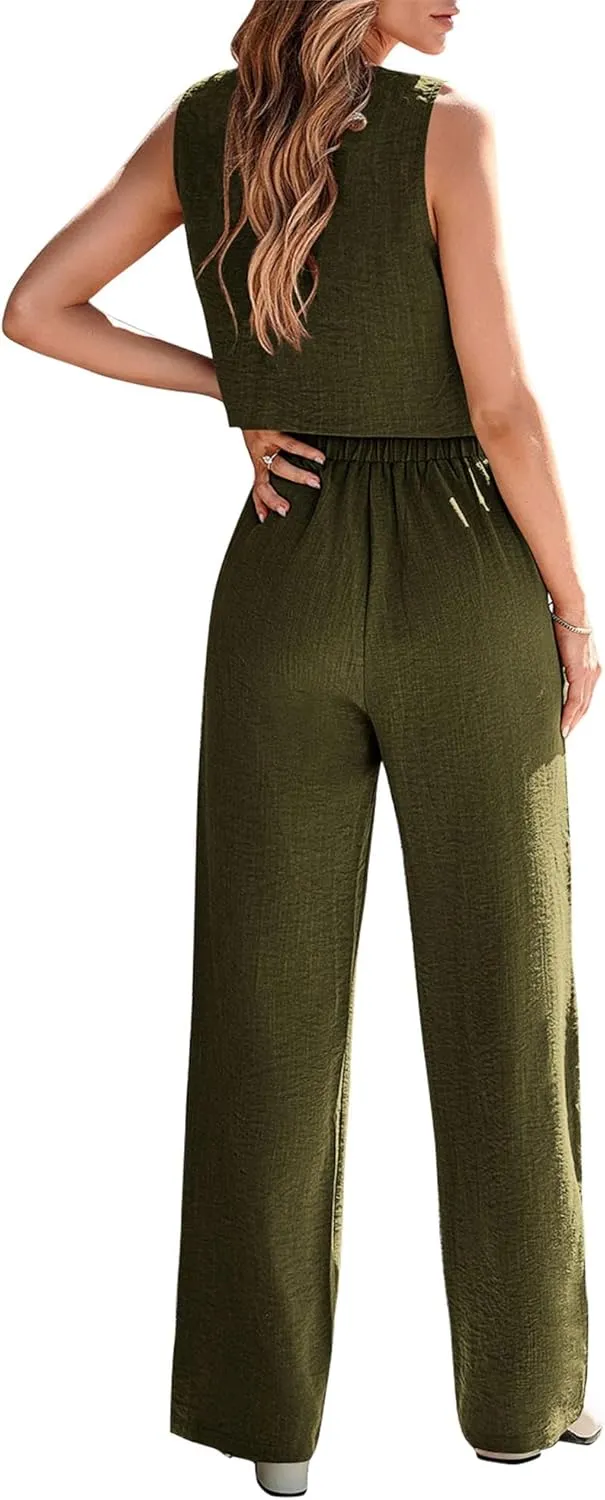 KIRUNDO Womens Two Piece Outfits Summer Fashion Button V Neck Crop Vest Blazer and Wide Leg Pants Suit Matching Sets
