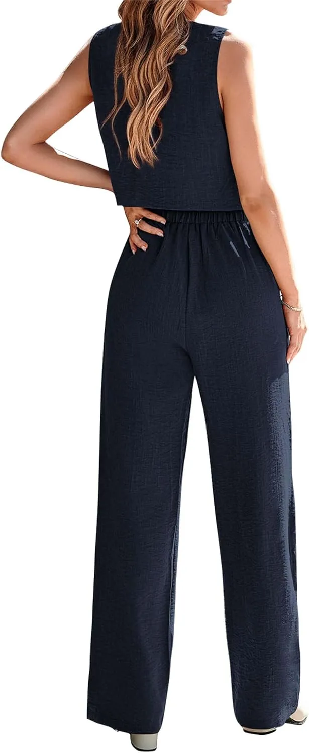KIRUNDO Womens Two Piece Outfits Summer Fashion Button V Neck Crop Vest Blazer and Wide Leg Pants Suit Matching Sets