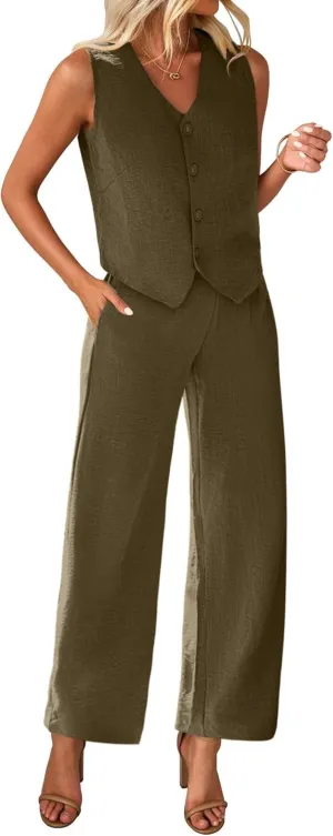 KIRUNDO Womens Two Piece Outfits Summer Fashion Button V Neck Crop Vest Blazer and Wide Leg Pants Suit Matching Sets
