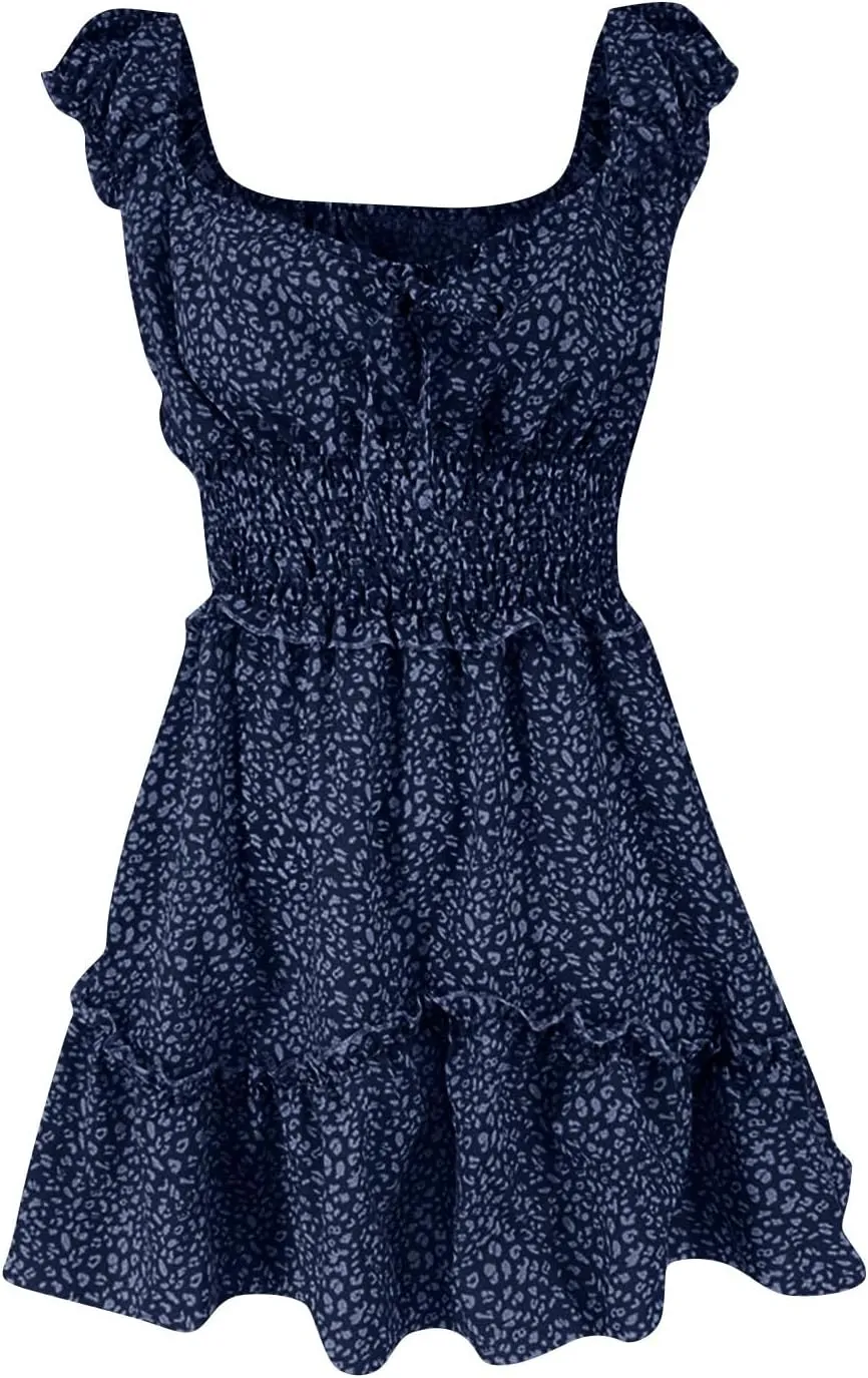 Ladies Sexy Floral Dresses Ruffle Summer Mini Loose Fit 2025 Short Sleeve Beach Daily Sundress with Tie Party Dress